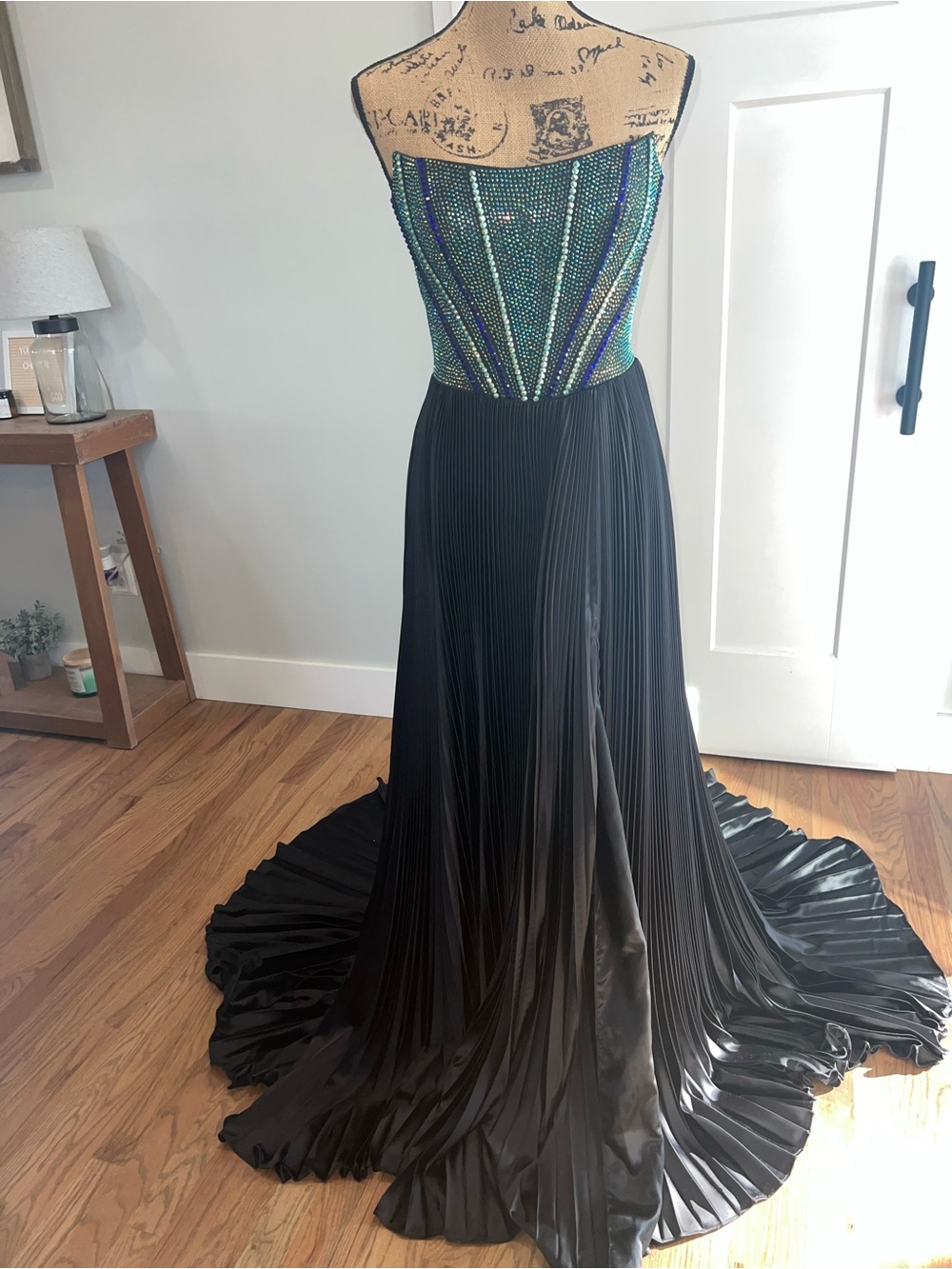 Strapless Beaded Bodice Rachel Allen Black Pleated Evening Gown